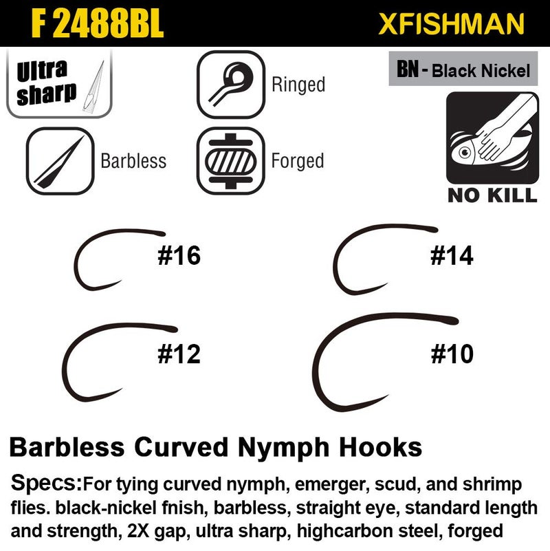 XFISHMAN Barbless-Fly-Hooks-for-Fly-Tying BL Czech Nymph/Scud Flies Hook Dry Wet Curved Competition Fishing Trout Hooks 10# ~16# Assortment Pack of 240 Hooks with Box - Image 4
